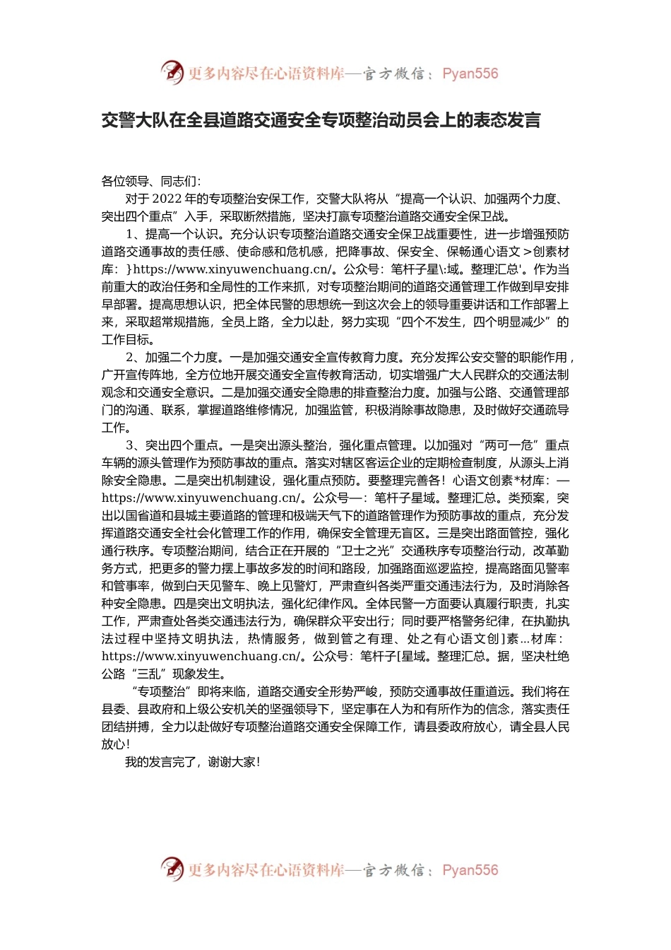 交警大队在全县道路交通安全专项整治动员会上的表态发言.docx_第1页