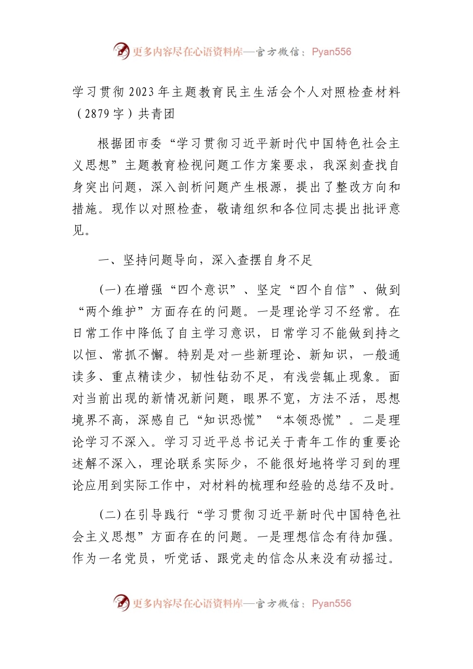 主题教育民主生活会个人对照检查材料（共青团）.docx_第1页