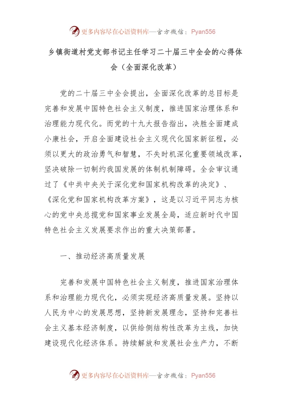 乡镇街道村党支部书记主任学习二十届三中全会的心得体会（全面深化改革）.docx_第1页