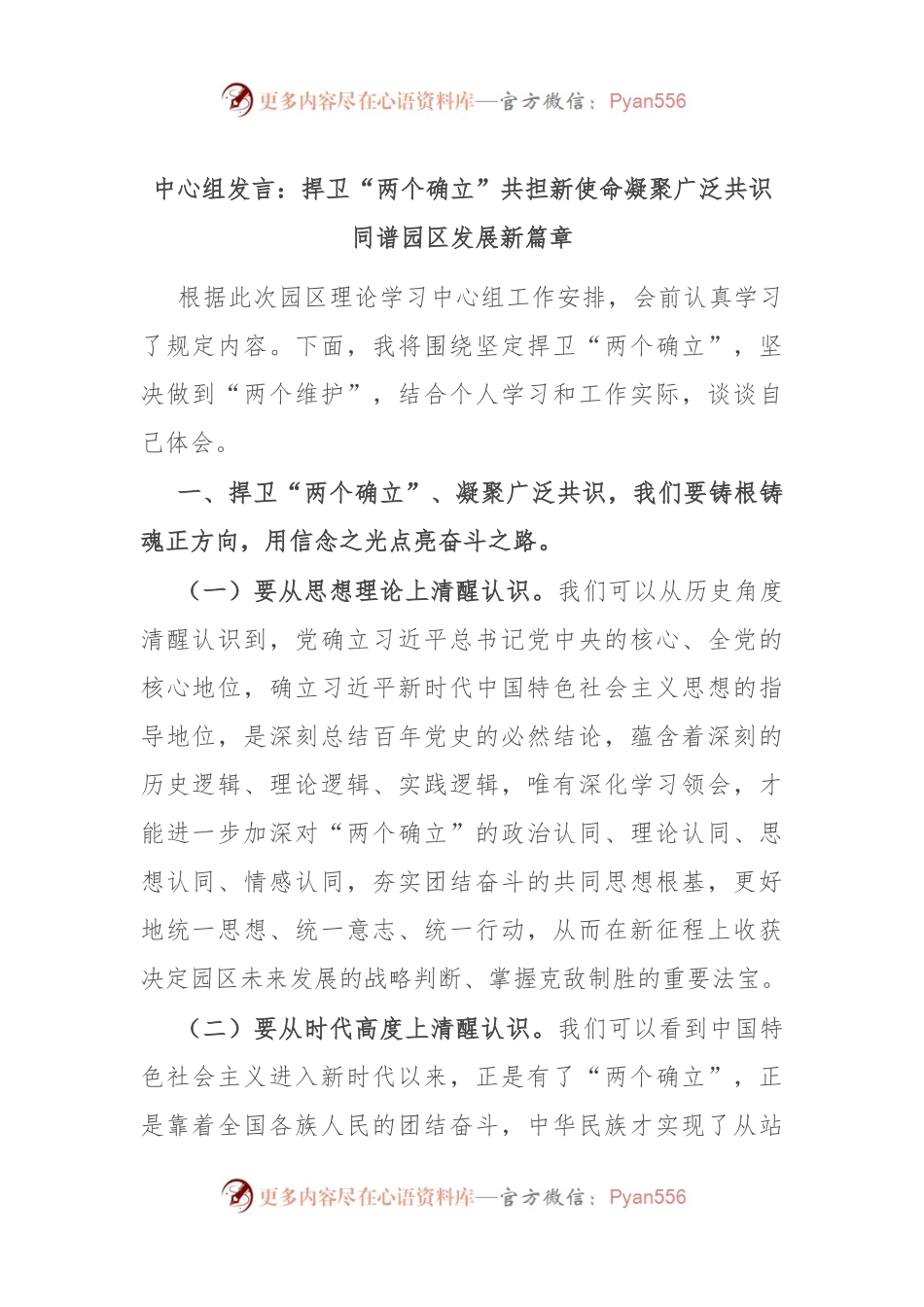 中心组发言：捍卫“两个确立” 共担新使命 凝聚广泛共识同谱园区发展新篇章.docx_第1页