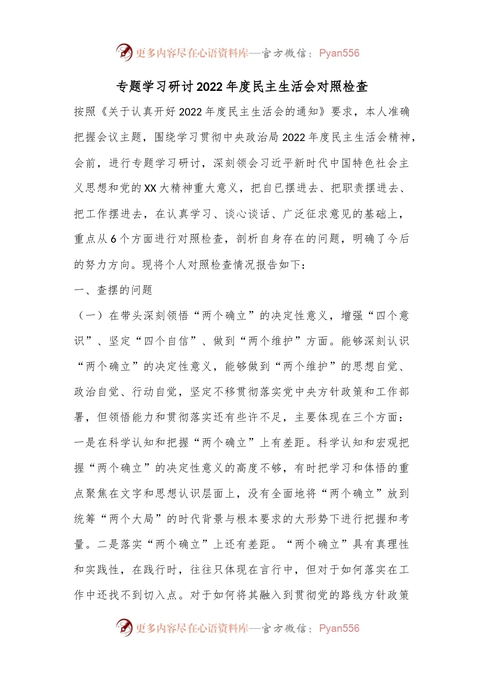 专题学习研讨2022年度民主生活会对照检查.docx_第1页
