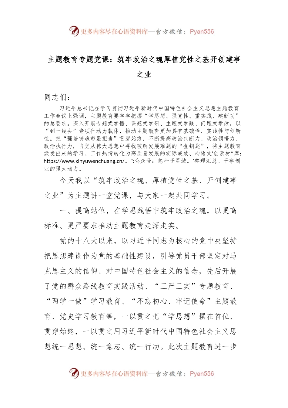 主题教育专题党课：筑牢政治之魂厚植党性之基开创建事之业.docx_第1页
