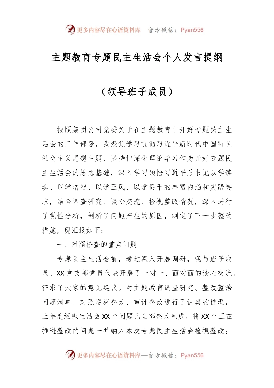 主题教育专题民主生活会个人发言稿提纲（领导班子成员）.docx_第1页