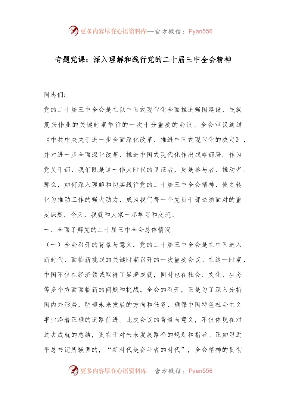 专题党课：深入理解和践行党的二十届三中全会精神.docx_第1页
