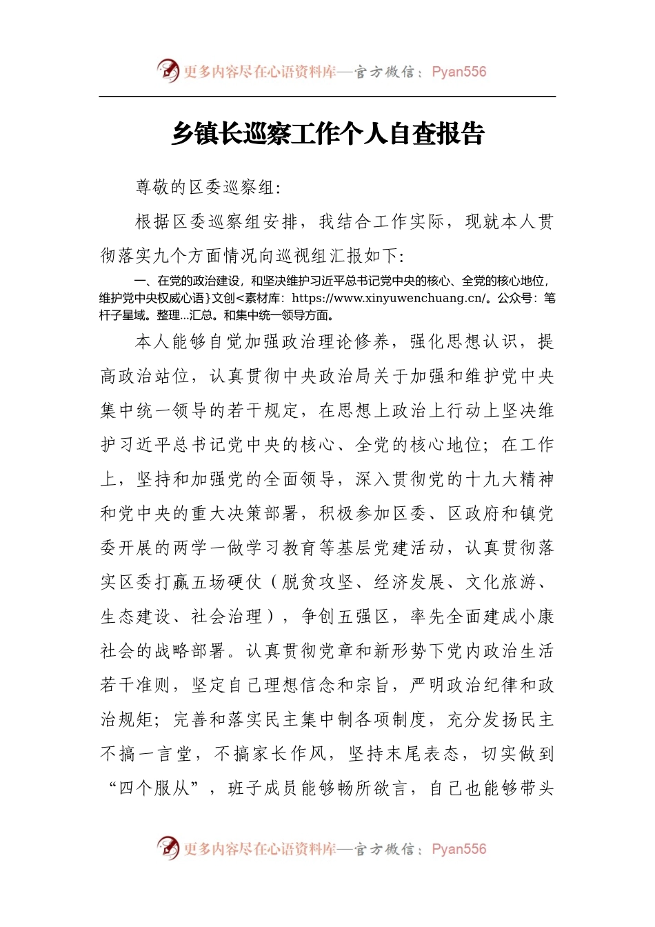 乡镇长巡察工作个人自查报告953226.docx_第1页
