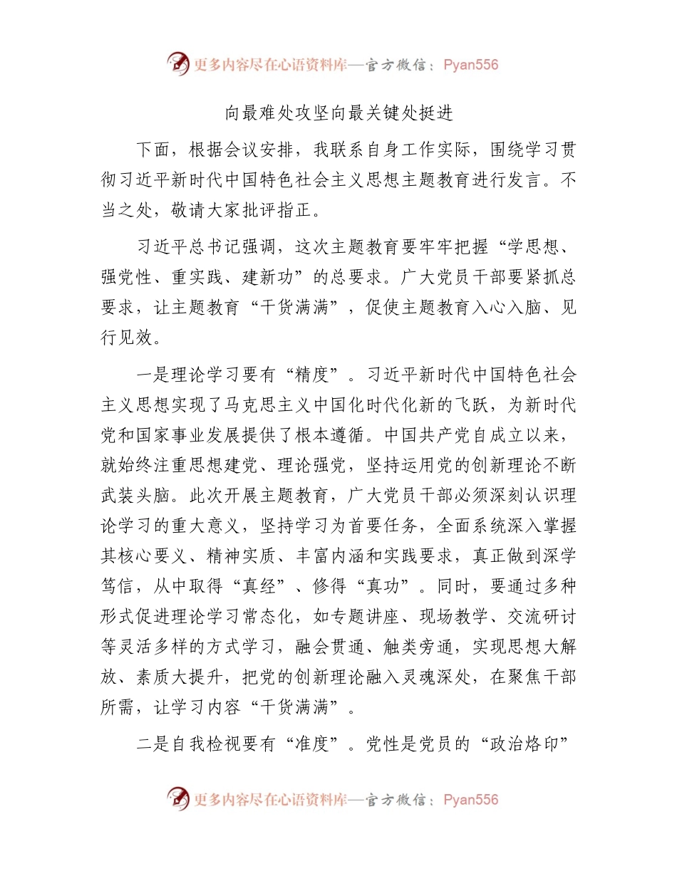 主题教育发言材料：向最难处攻坚    向最关键处挺进1400字.docx_第1页