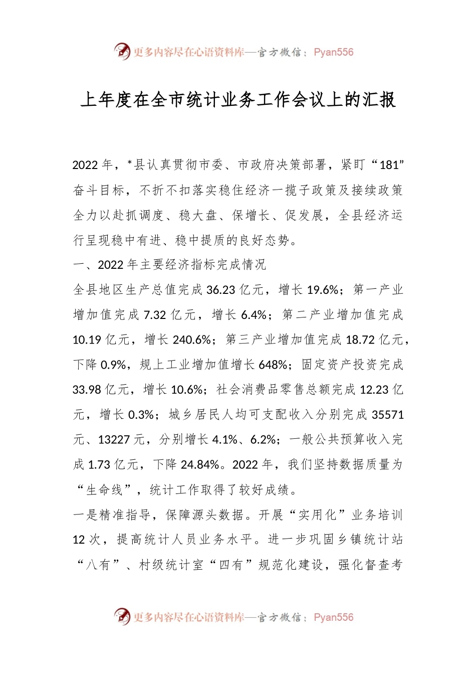 上年度在全市统计业务工作会议上的汇报.docx_第1页