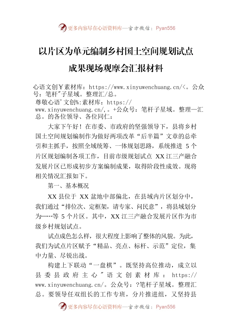 以片区为单元编制乡村国土空间规划试点成果现场观摩会汇报材料.docx_第1页
