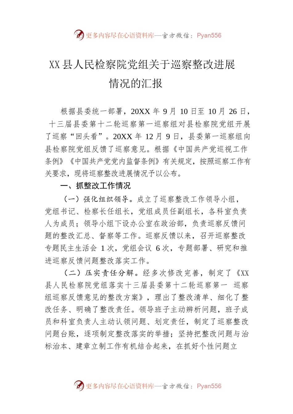 中共XX县人民检察院党组关于巡察整改进展情况的汇报（20220913）.docx_第1页