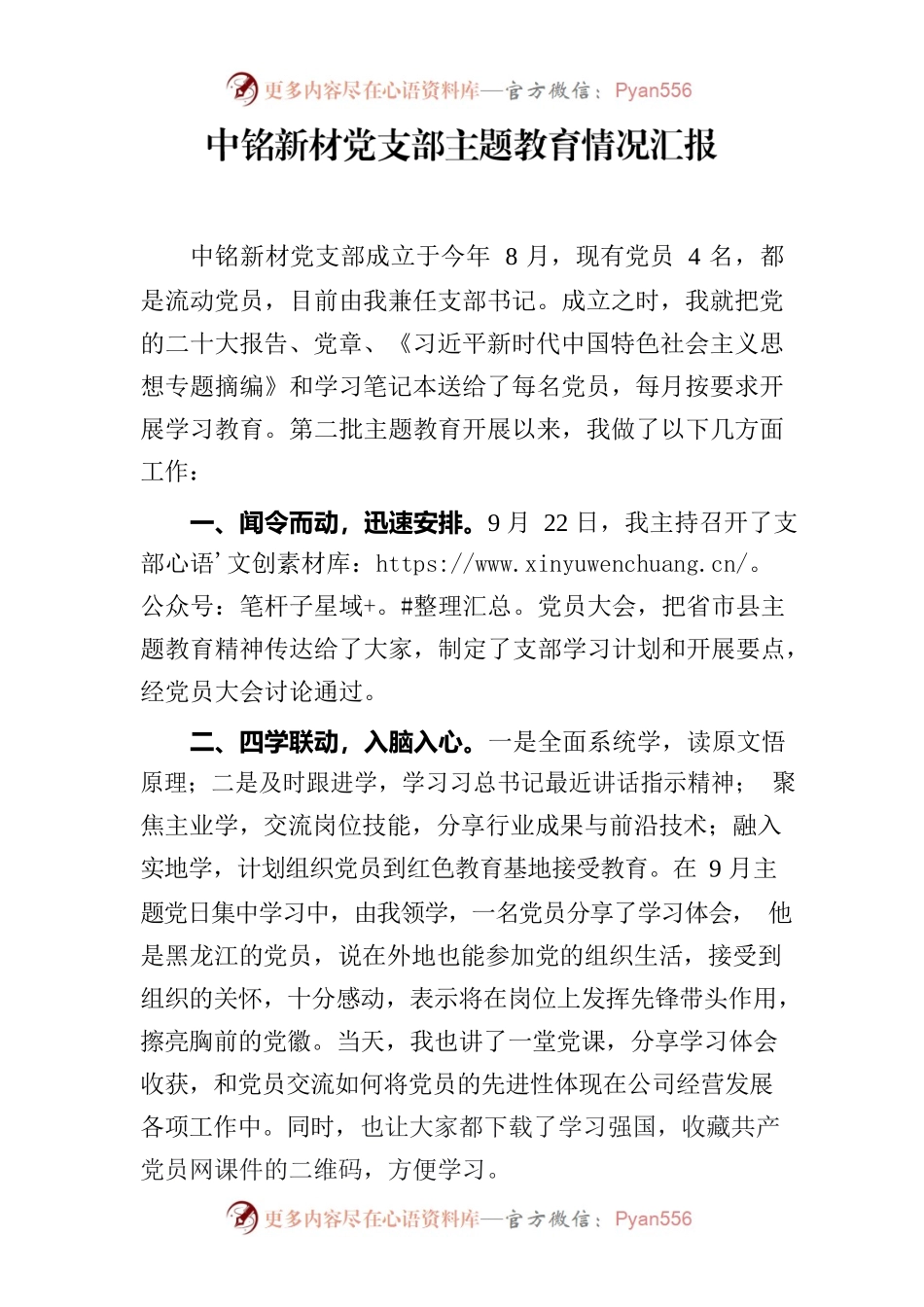 中铭新材党支部主题教育情况汇报.docx_第1页