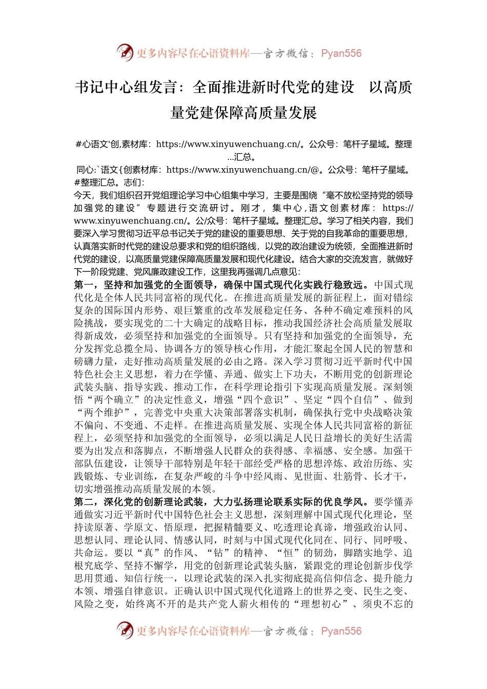书记中心组发言：全面推进新时代党的建设   以高质量党建保障高质量发展.docx_第1页