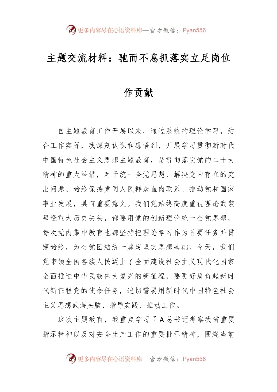 主题交流材料：驰而不息抓落实立足岗位作贡献.docx_第1页