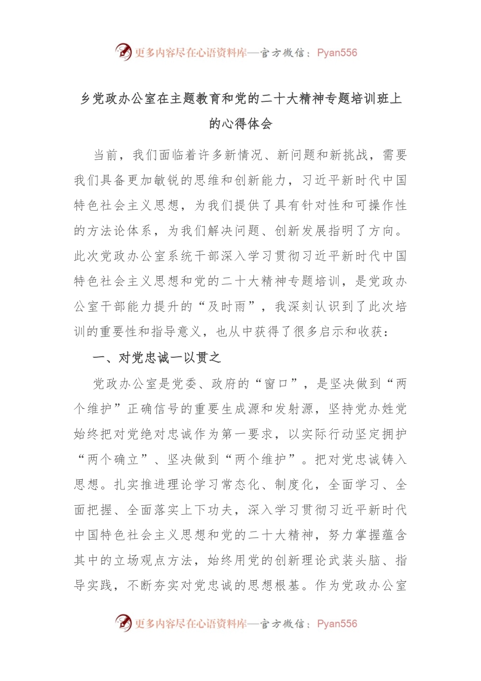 乡党政办公室在主题教育和党的二十大精神专题培训班上的心得体会.docx_第1页