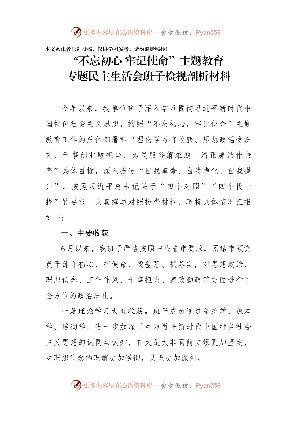 不忘初心牢记使命主题教育专题民主生活会班子检视剖析材料.docx_第1页