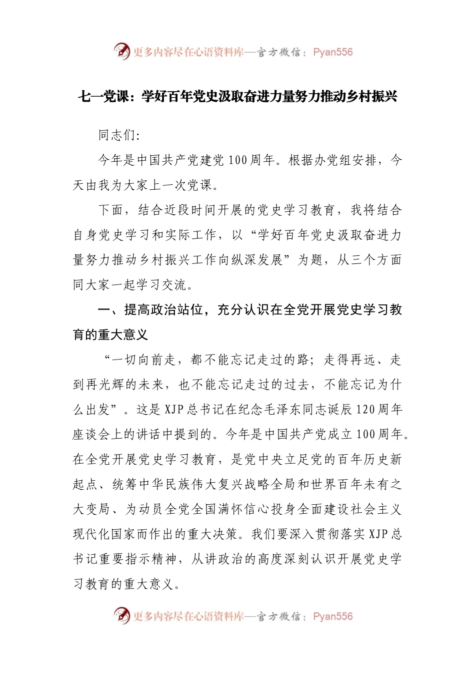 七一党课：学好百年党史汲取奋进力量努力推动乡村振兴.docx_第1页