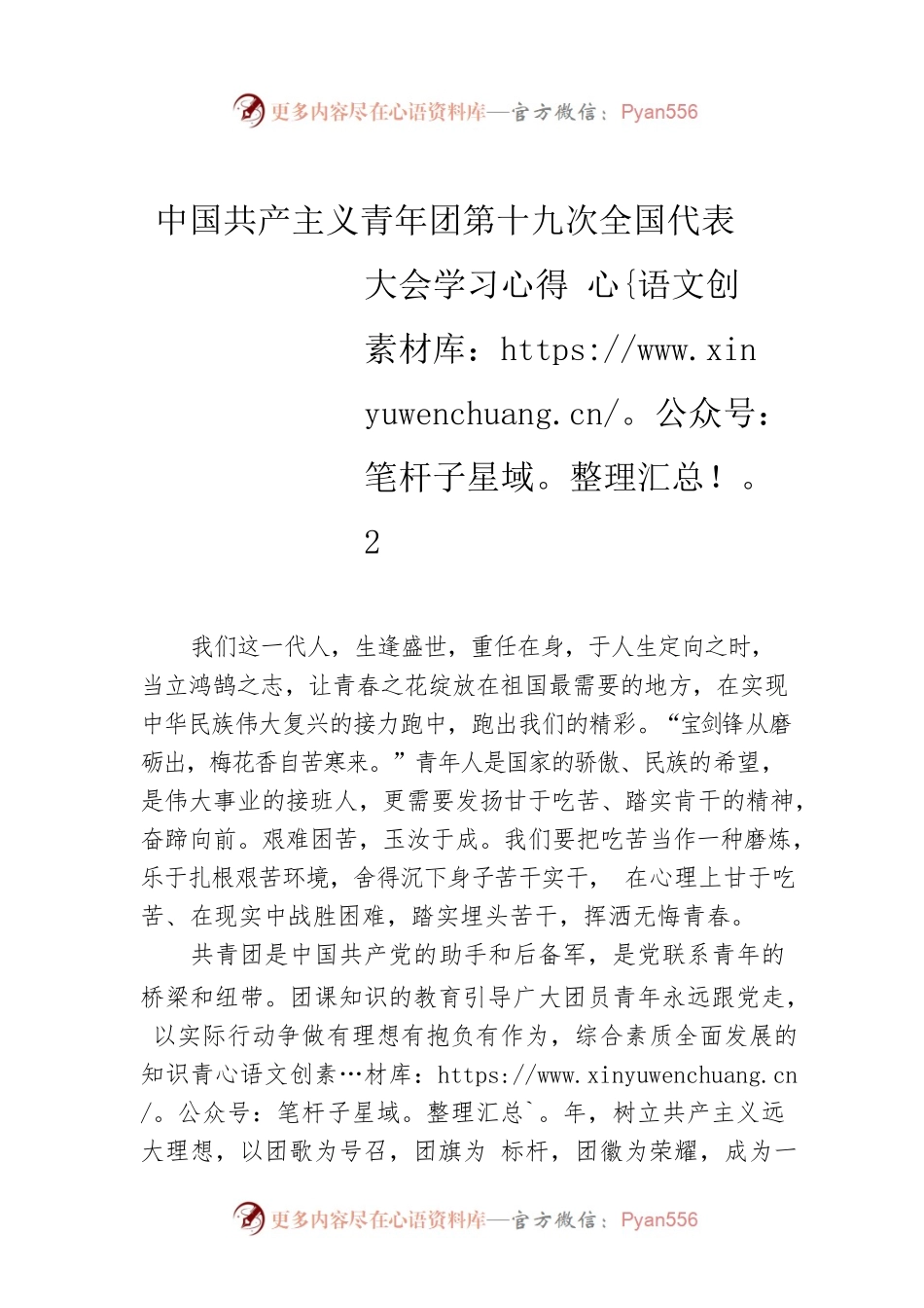 中国共产主义青年团第十九次全国代表大会学习心得2.docx_第1页