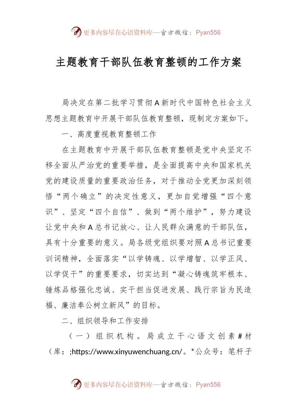 主题教育干部队伍教育整顿的工作方案.docx_第1页