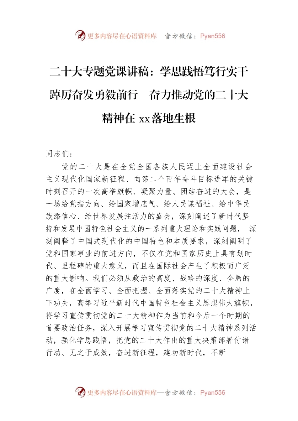二十大专题党课讲稿：学思践悟笃行实干踔厉奋发勇毅前行  奋力推动党的二十大精神在xx落地生根.docx_第1页