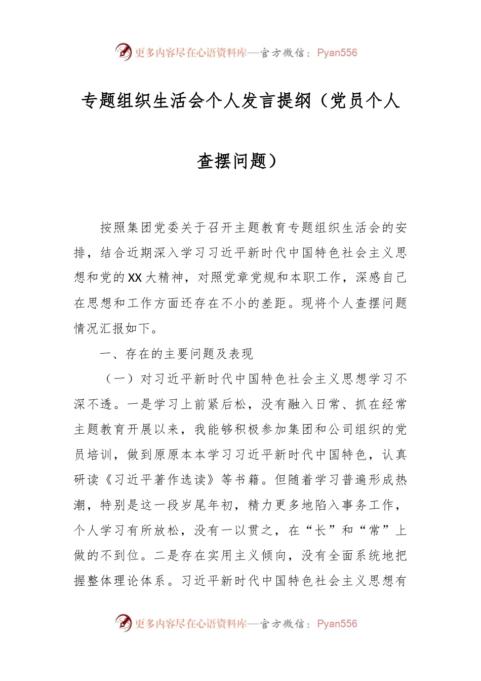 专题组织生活会个人发言稿提纲（党员个人查摆问题）.docx_第1页