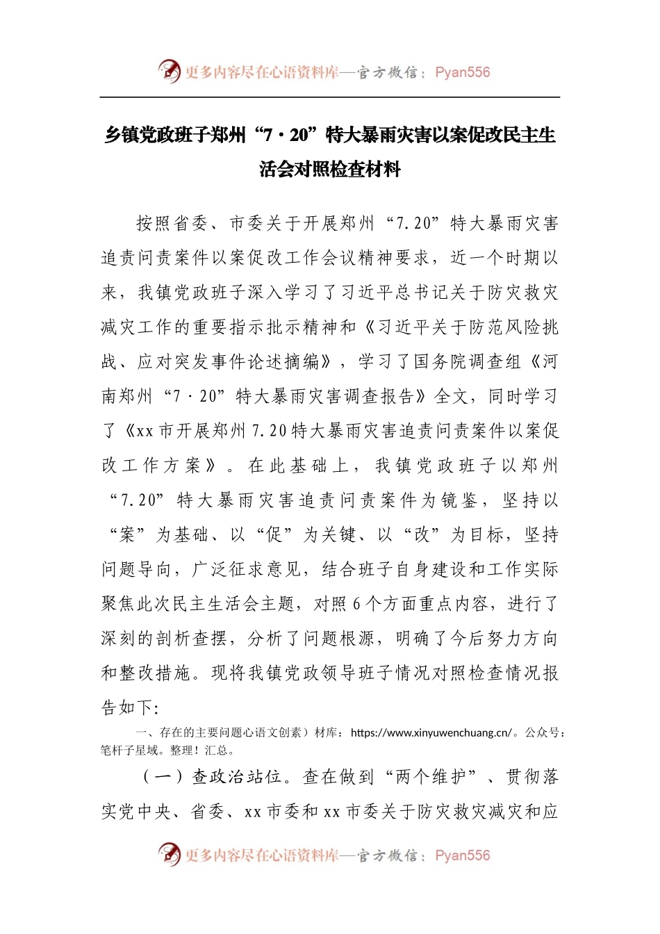 乡镇班子郑州“7·20”特大暴雨灾害以案促改民主生活会对照检查材料.docx_第1页