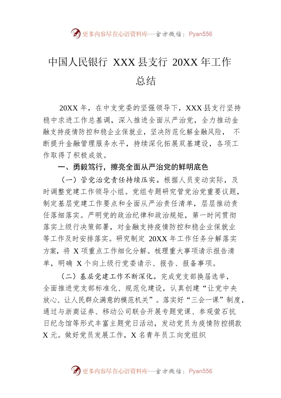 中国人民银行XX县支行20XX年工作总结.docx_第1页