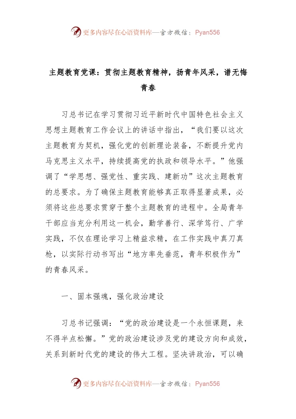 主题教育党课：贯彻主题教育精神，扬青年风采，谱无悔青春.docx_第1页