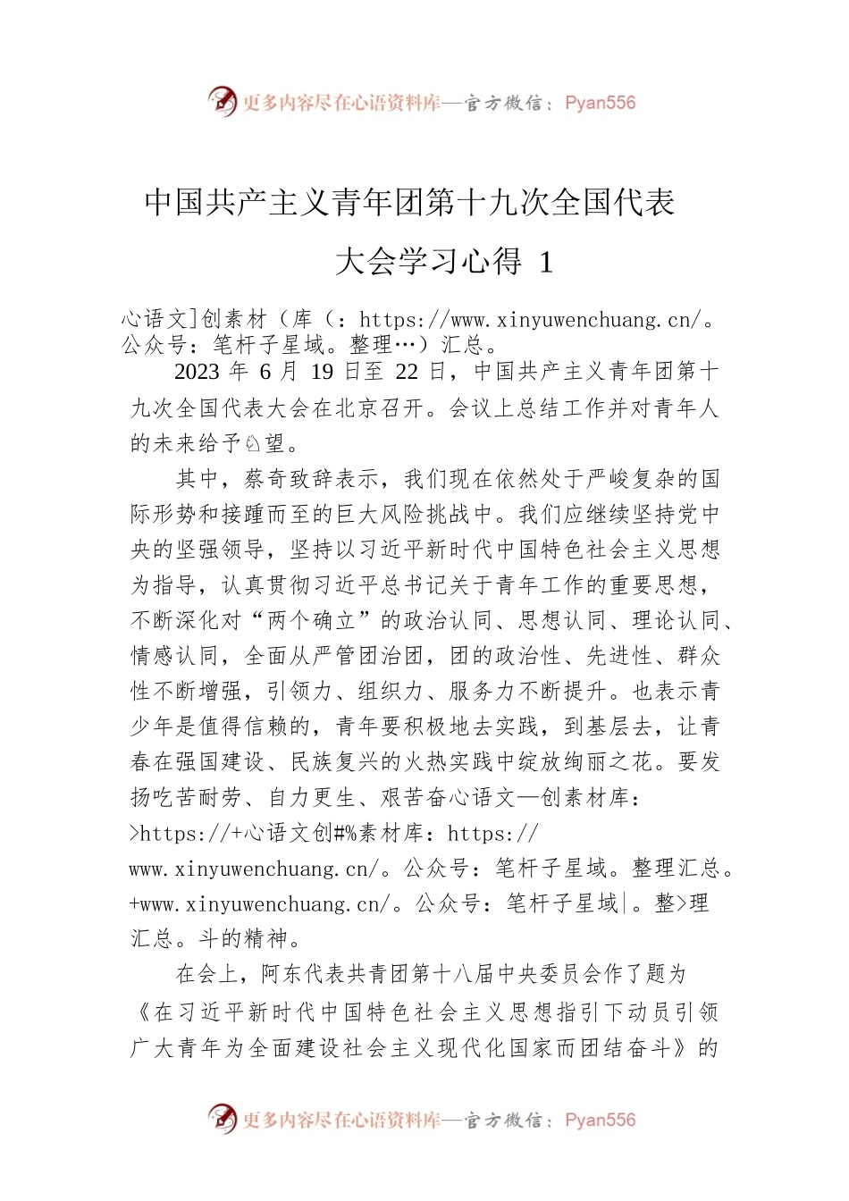中国共产主义青年团第十九次全国代表大会学习心得1.docx_第1页