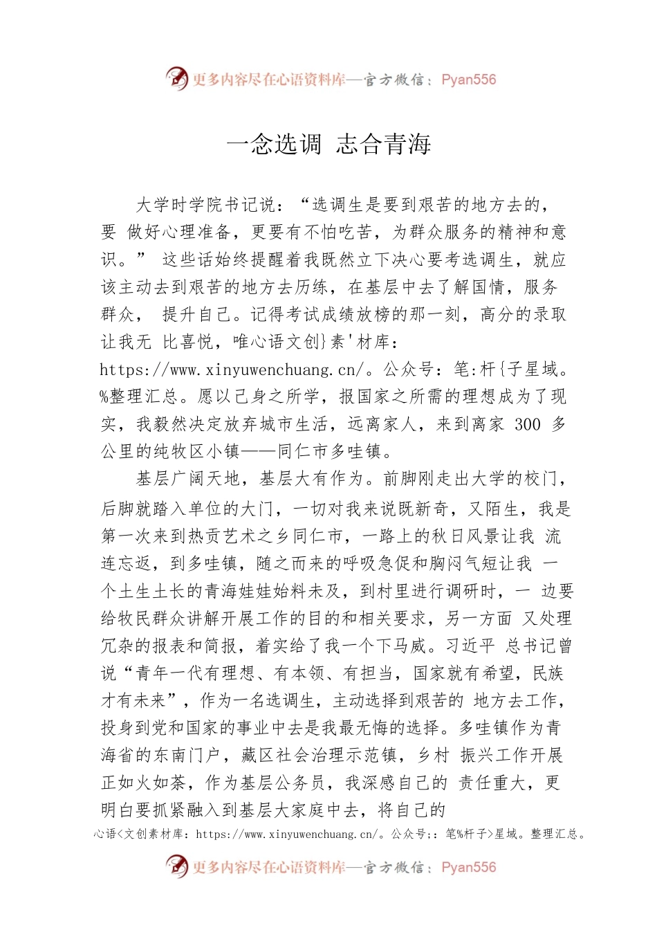 一念选调，志合青海——选调生座谈会发言材料.docx_第1页