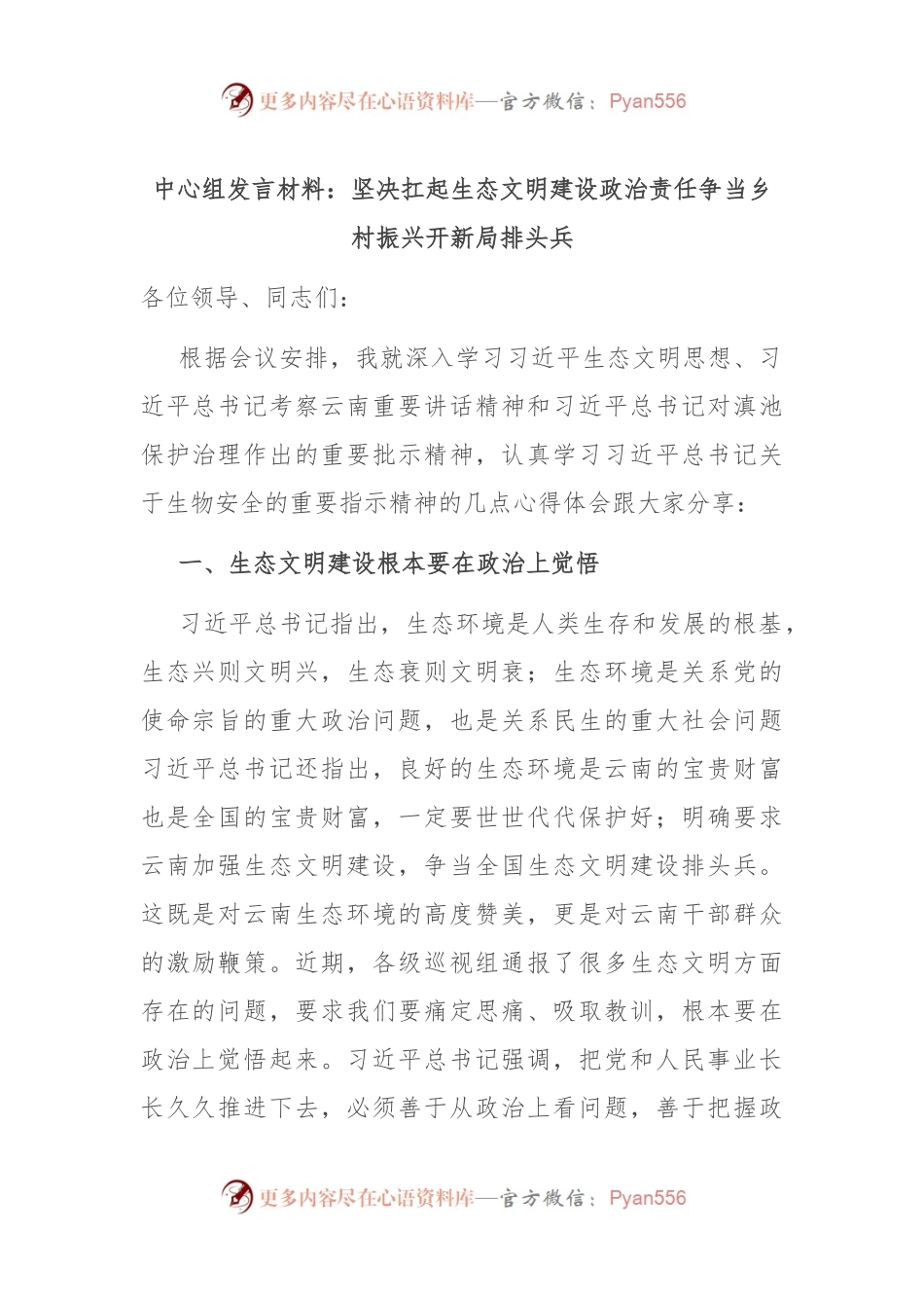 中心组发言材料：坚决扛起生态文明建设政治责任争当乡村振兴开新局排头兵.docx_第1页