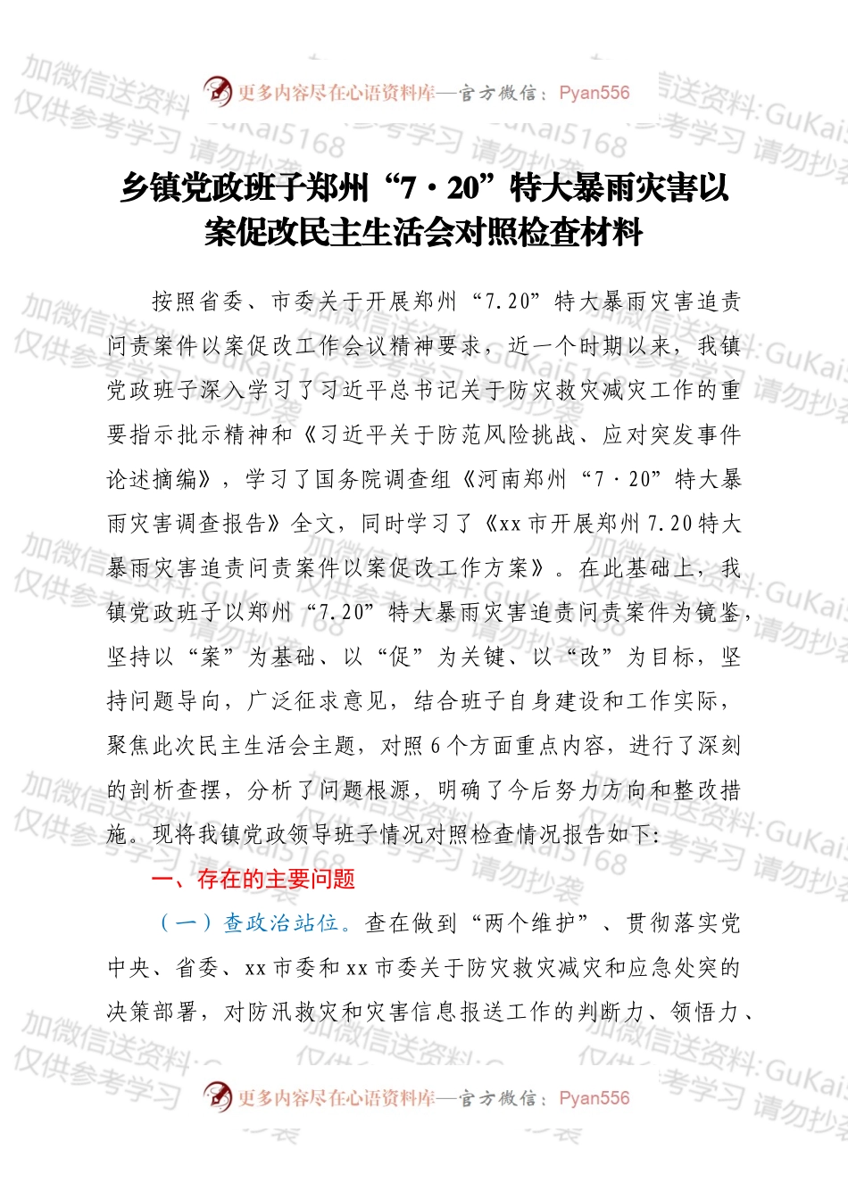 乡镇党政班子郑州“7·20”特大暴雨灾害以案促改民主生活会对照检查材料.docx_第1页