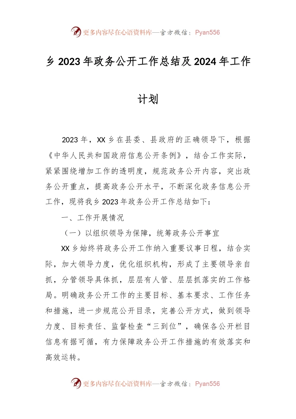 乡2023年政务公开工作总结及2024年工作计划.docx_第1页