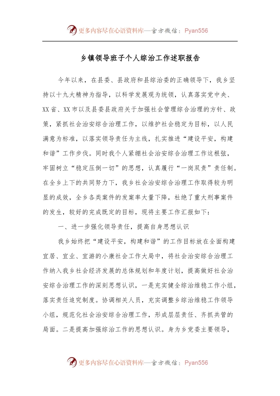 乡镇领导班子个人综治工作述职报告.docx_第1页