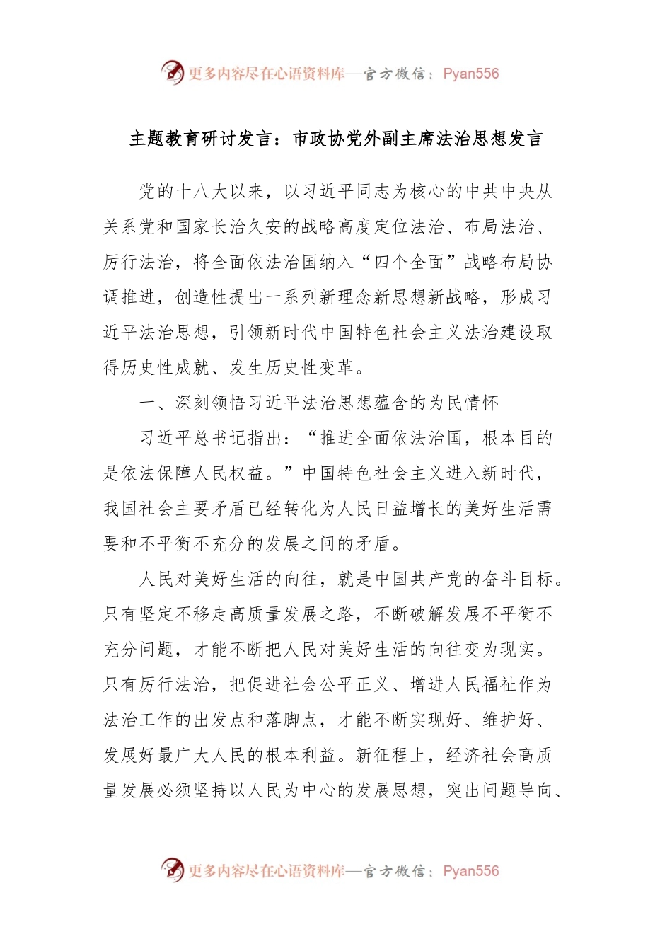 主题教育研讨发言稿：市政协党外副主席法治思想发言稿.docx_第1页
