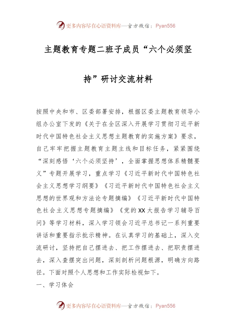 主题教育专题二班子成员“六个必须坚持”研讨交流材料.docx_第1页