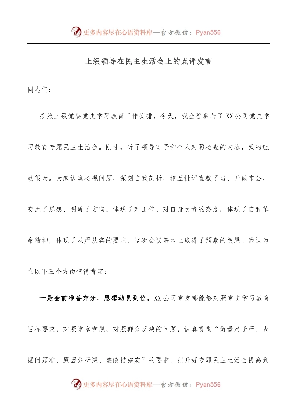 上级领导在民主生活会上的点评发言.docx_第1页