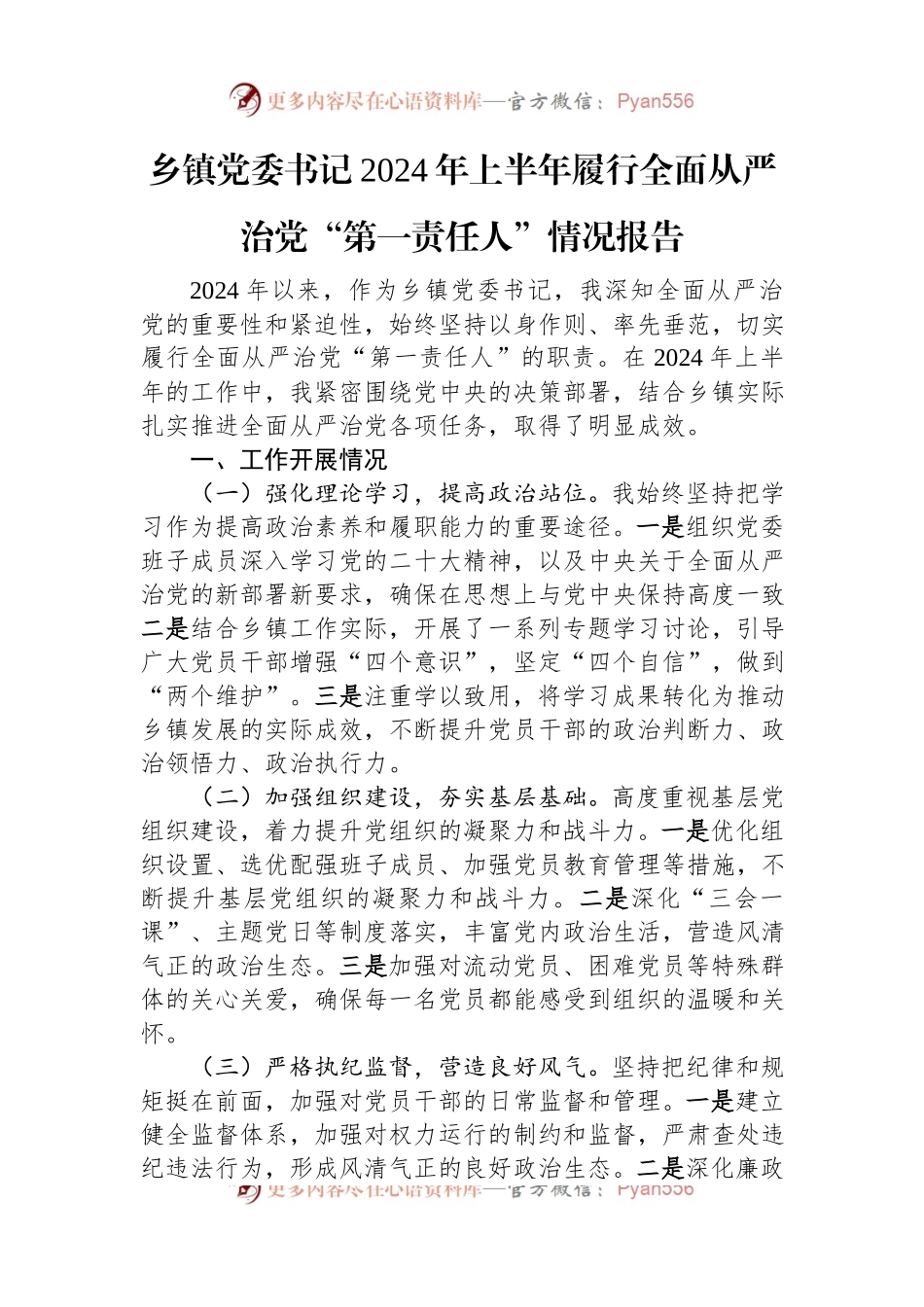 乡镇党委书记2024年上半年履行全面从严治党“第一责任人”情况报告.docx_第1页