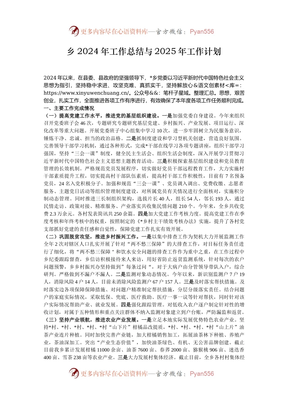 乡2024年工作总结与2025年工作计划.docx_第1页
