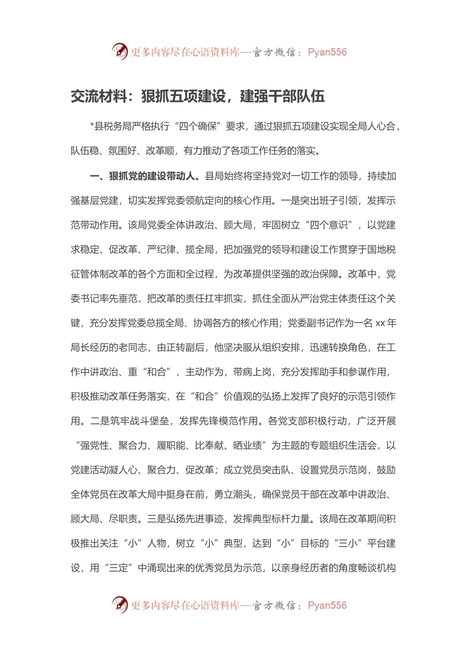 交流材料：狠抓五项建设，建强干部队伍.docx_第1页
