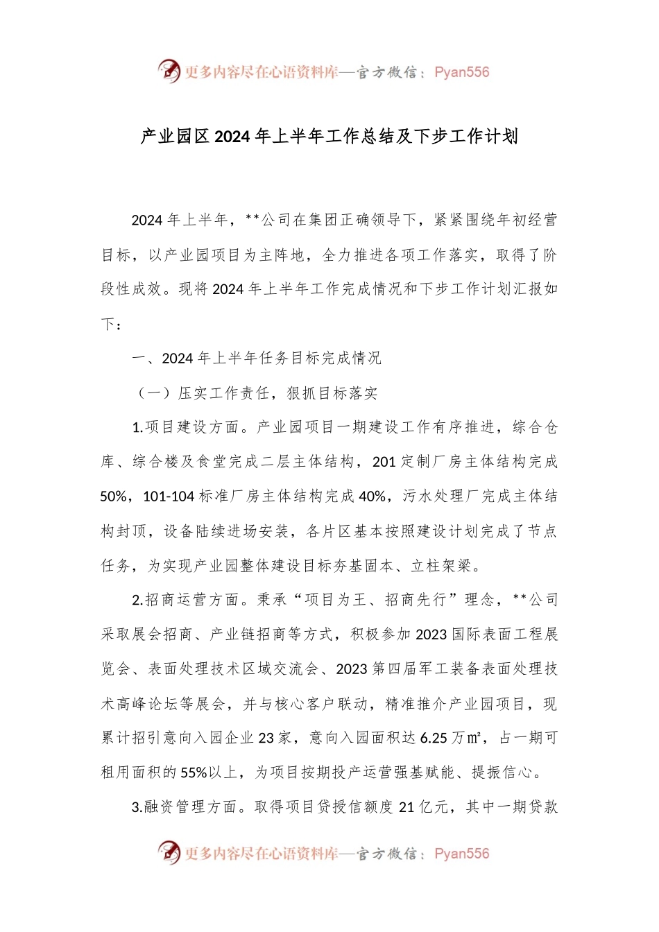 产业园区2024年上半年工作总结及下步工作计划.docx_第1页