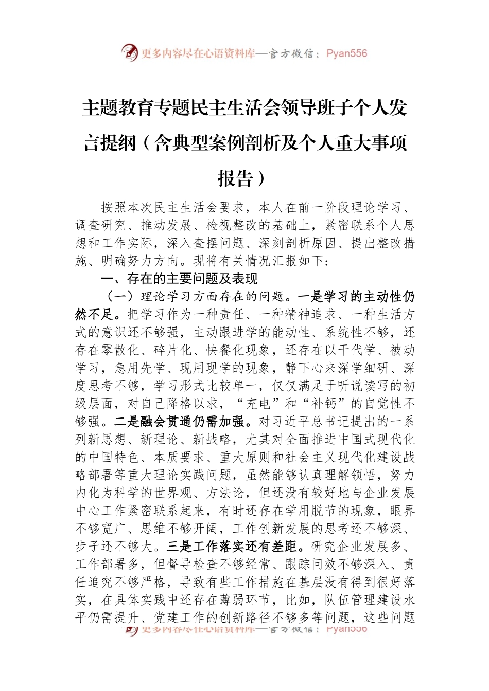 主题教育专题民主生活会领导班子个人发言提纲（含典型案例剖析及个人重大事项报告）.docx_第1页