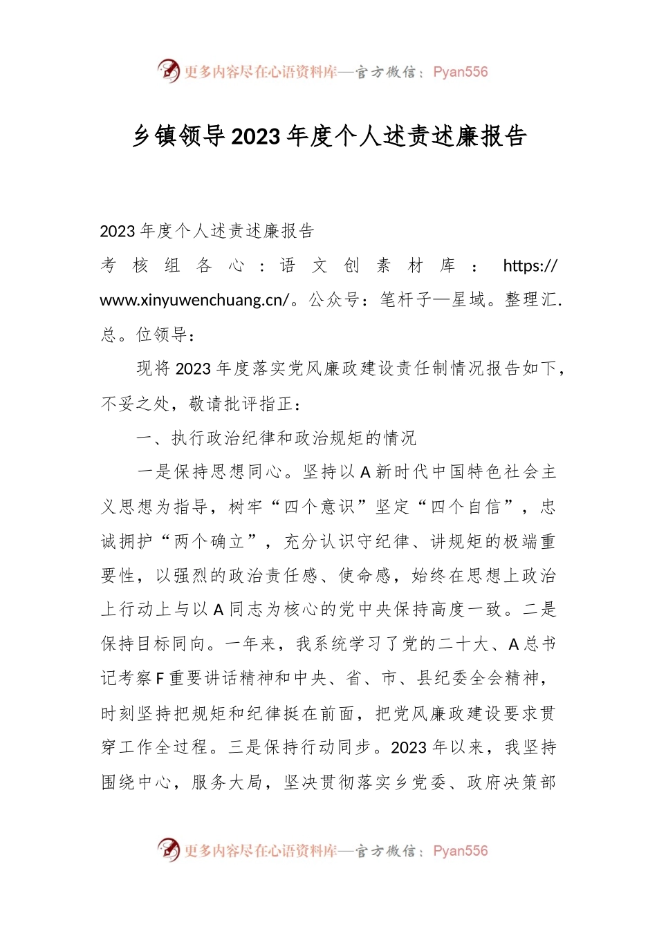 乡镇领导2023年度个人述责述廉报告.docx_第1页