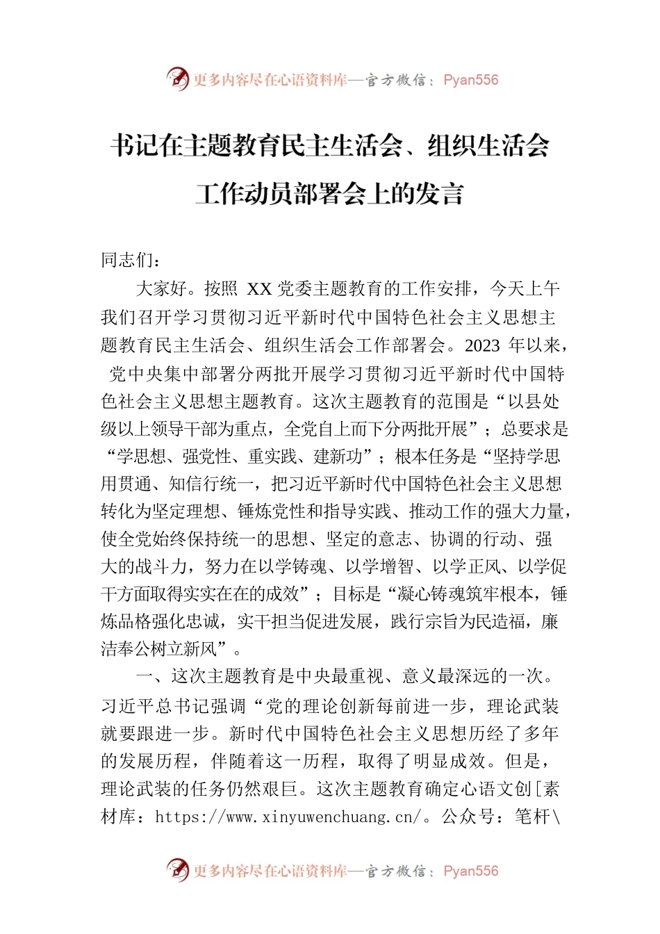 书记在主题教育民主生活会、组织生活会工作动员部署会上的发言.docx_第1页