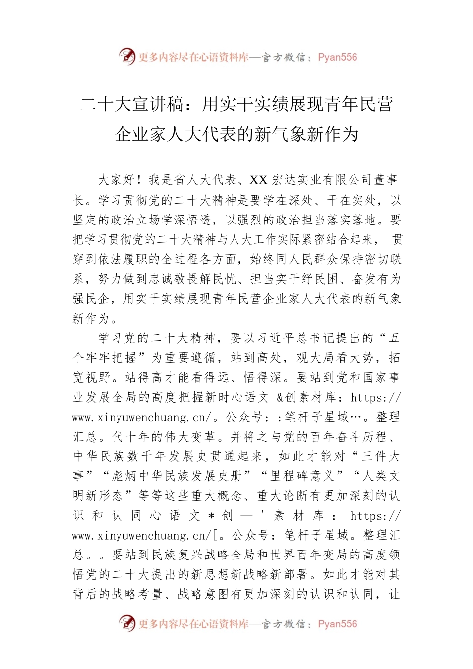 二十大宣讲稿：用实干实绩展现青年民营企业家人大代表的新气象新作为（20221226）.docx_第1页