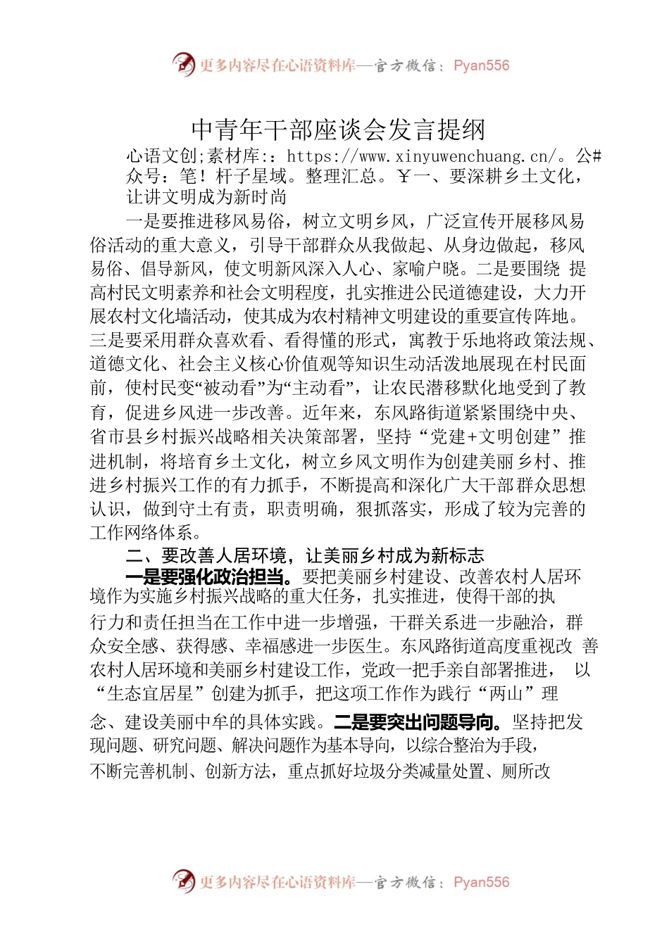 乡村文化——中青年干部座谈会发言提纲.docx_第1页