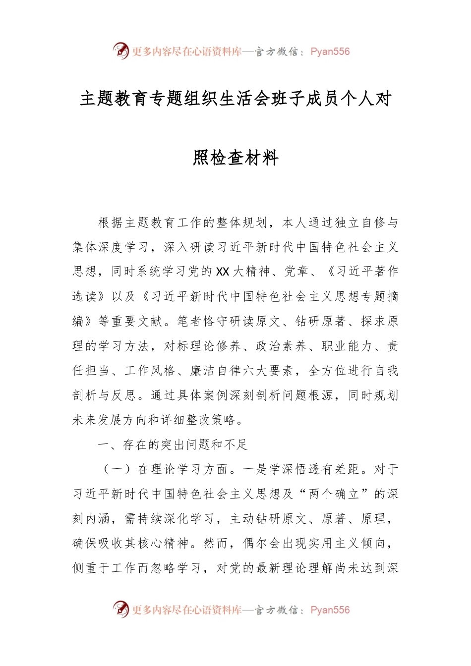 主题教育专题组织生活会班子成员个人对照检查材料.docx_第1页
