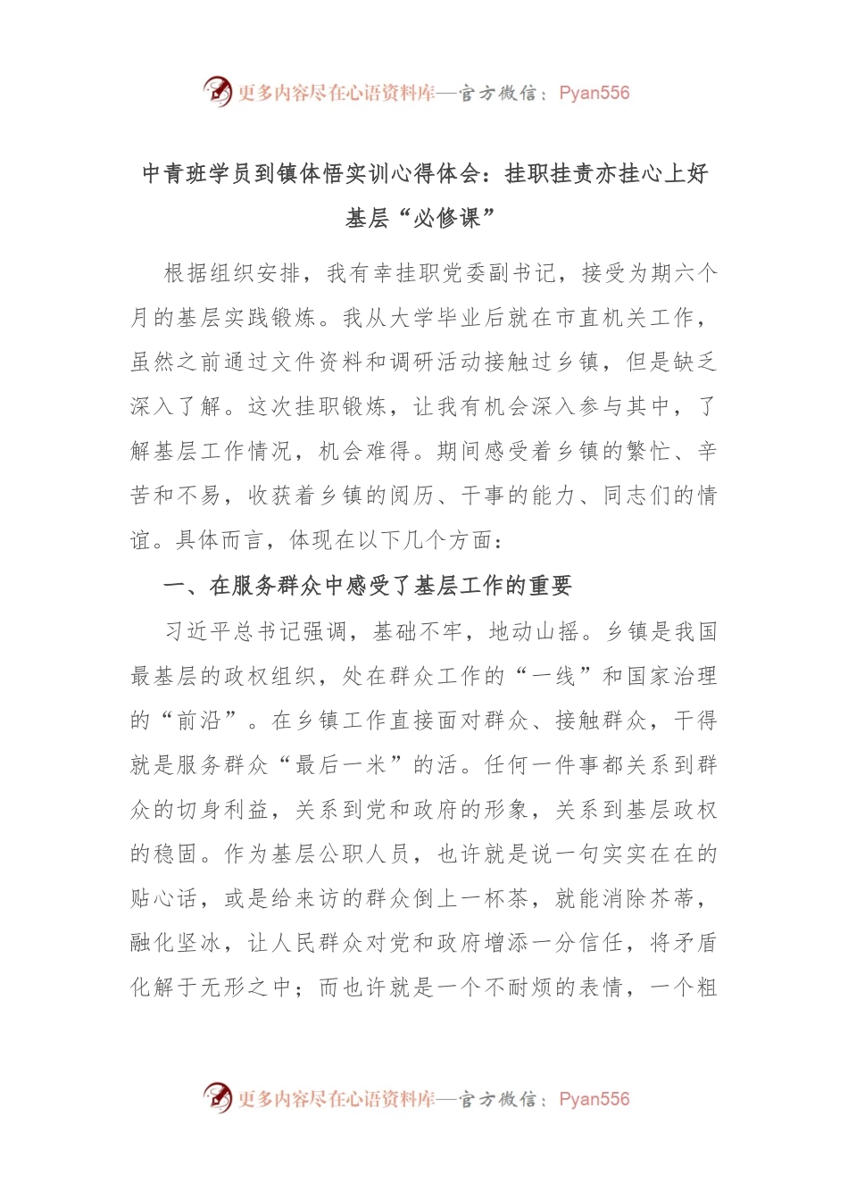 中青班学员到镇体悟实训心得体会：挂职挂责亦挂心 上好基层“必修课”.docx_第1页