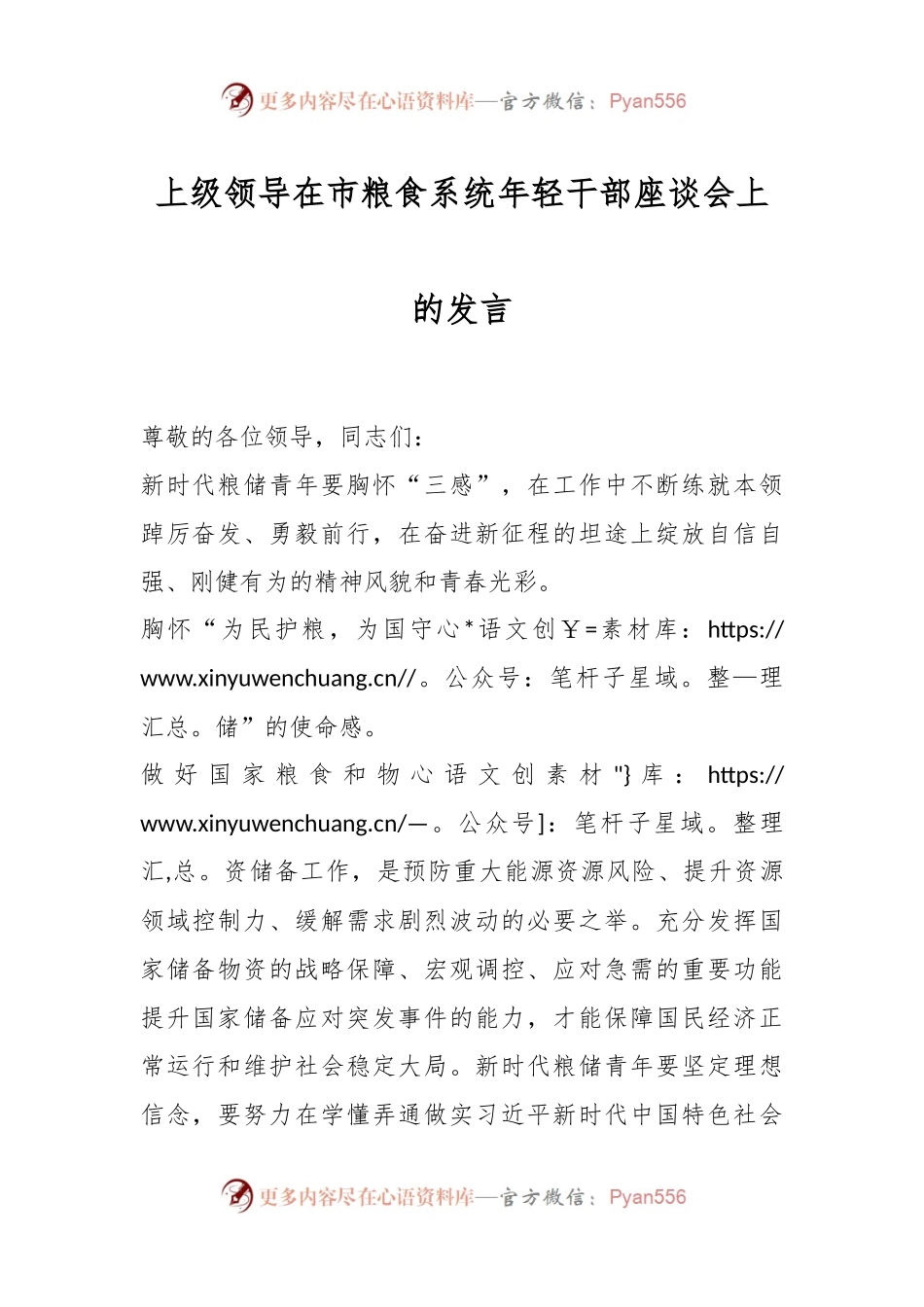 上级领导在市粮食系统年轻干部座谈会上的发言.docx_第1页