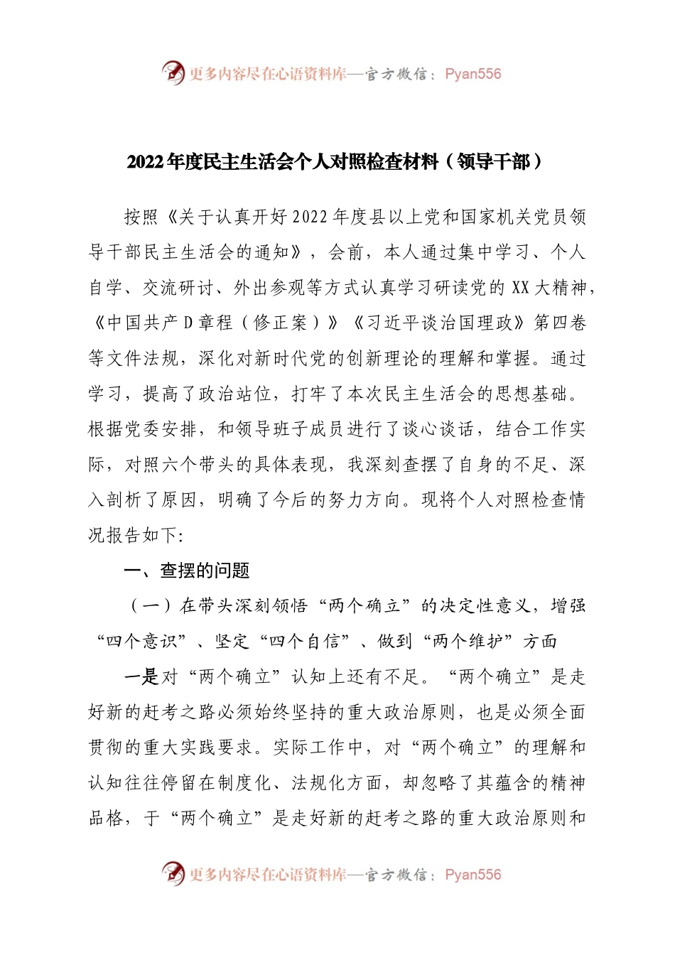 个人2022年度民主生活会个人对照检查材料（领导干部）.docx_第1页