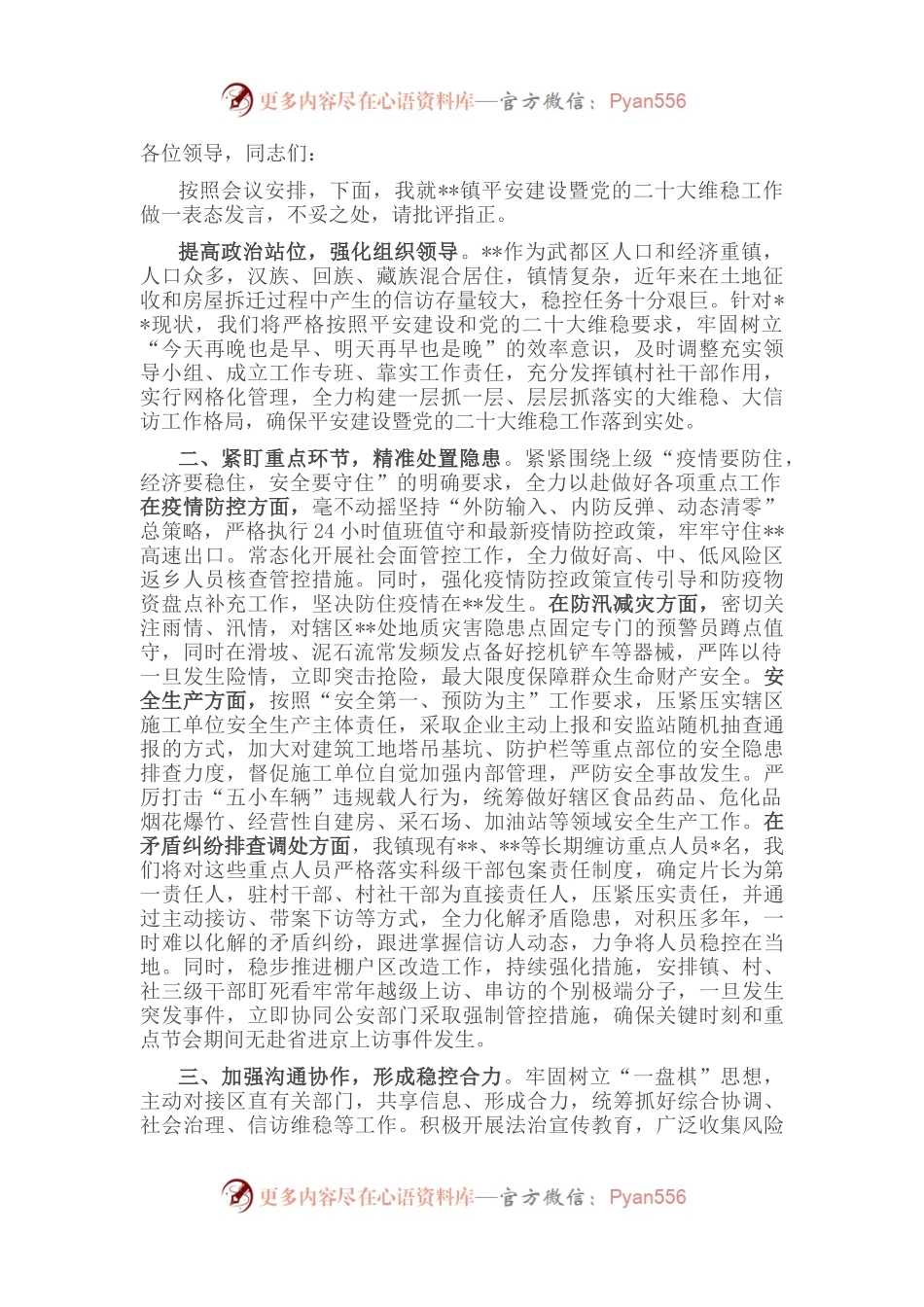 乡镇党委书记党的二十大维稳工作表态发言.docx_第1页