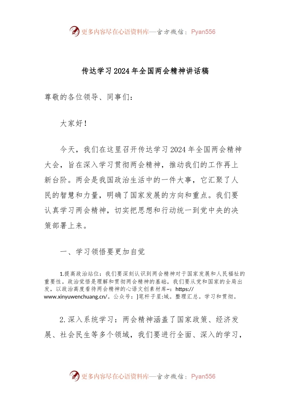 传达学习2024年全国两会精神讲话稿稿.docx_第1页